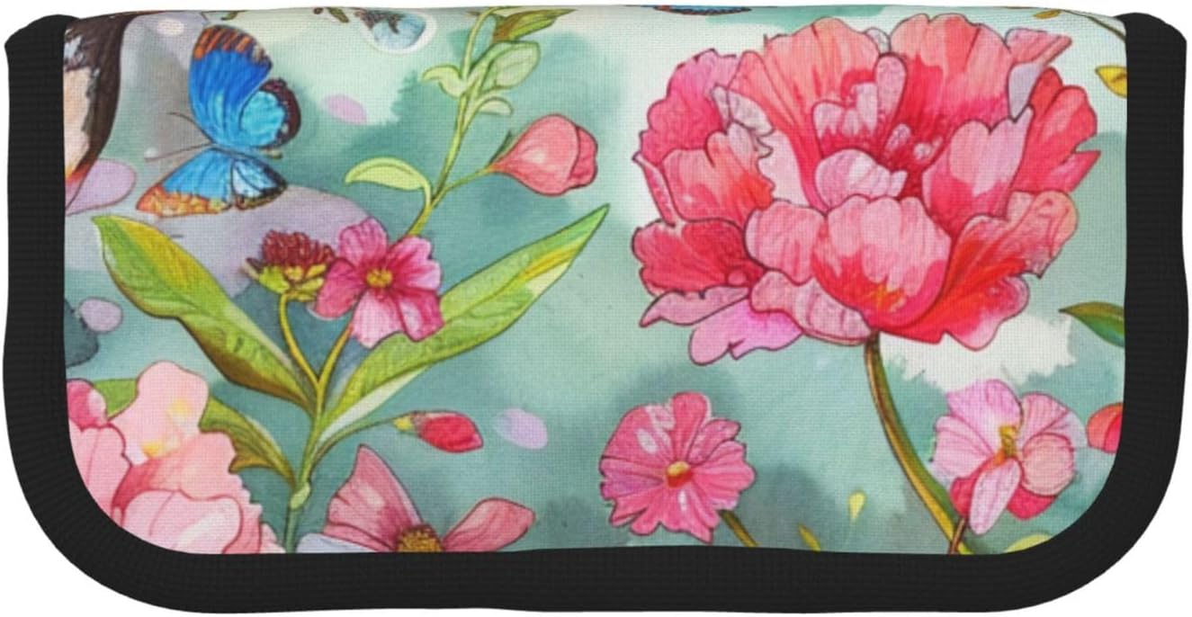 Garden with Birds and Flower Printed Pen Pencil Case Canvas Makeup Bag Gadget Pen Bag Pencil Box with Zipper